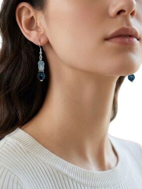 Blue Rutilated Quartz and Tulip Czech Glass Drop Earrings